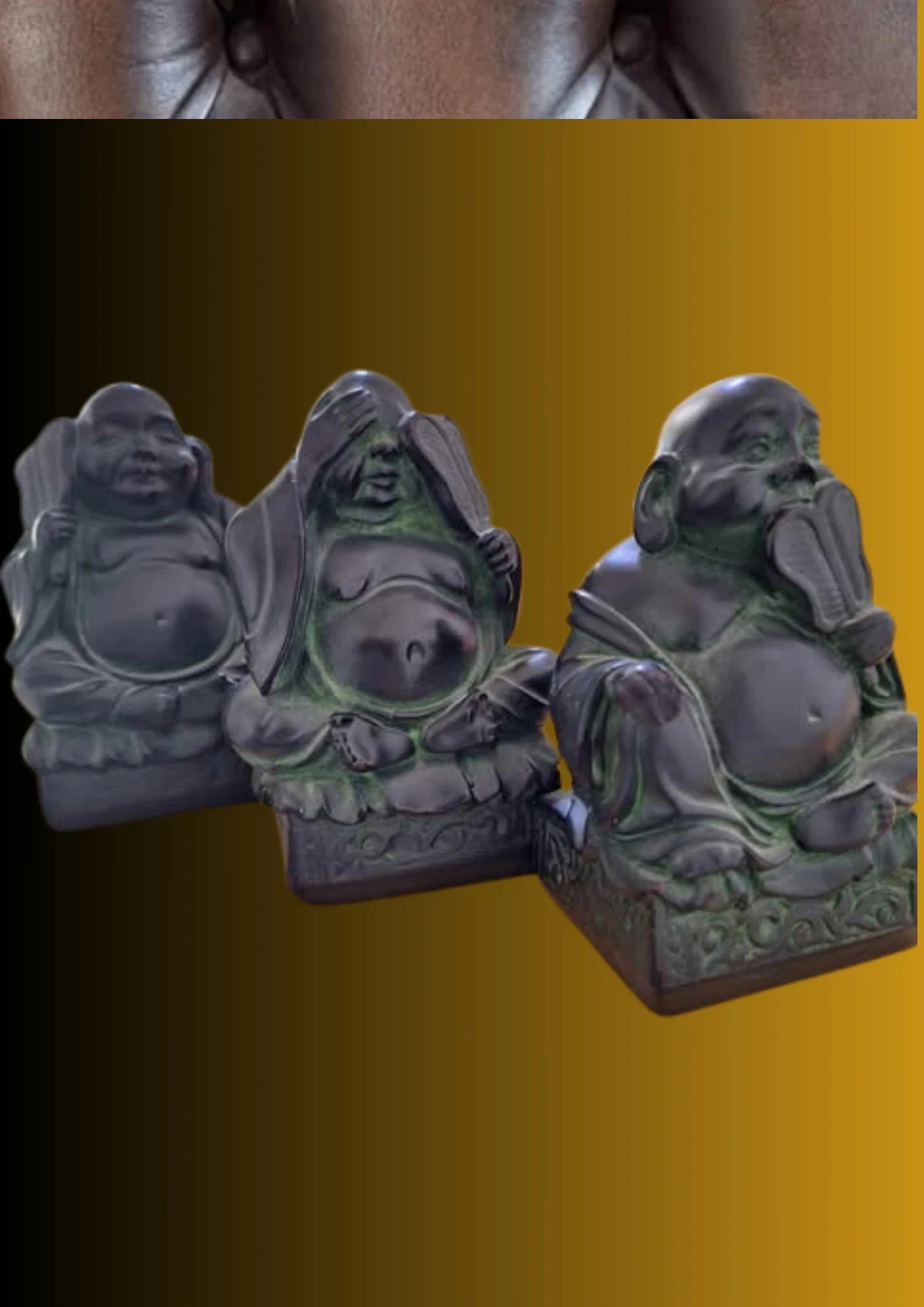 Trío de Budas en yeso patinado en bronce: Protector, meditativo y maestro – photo 3